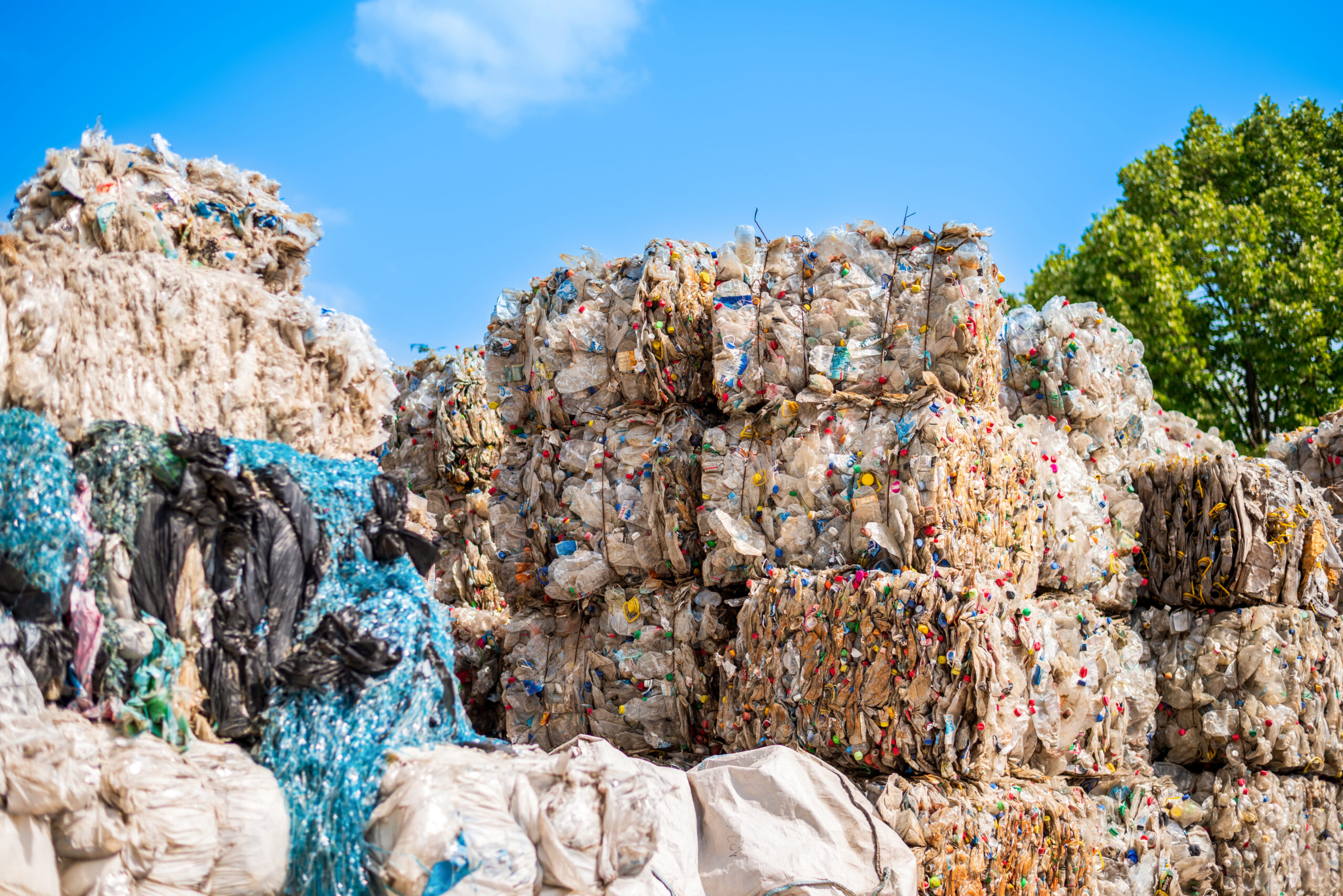 cubes of compressed plastic garbage at a waste recycling factory